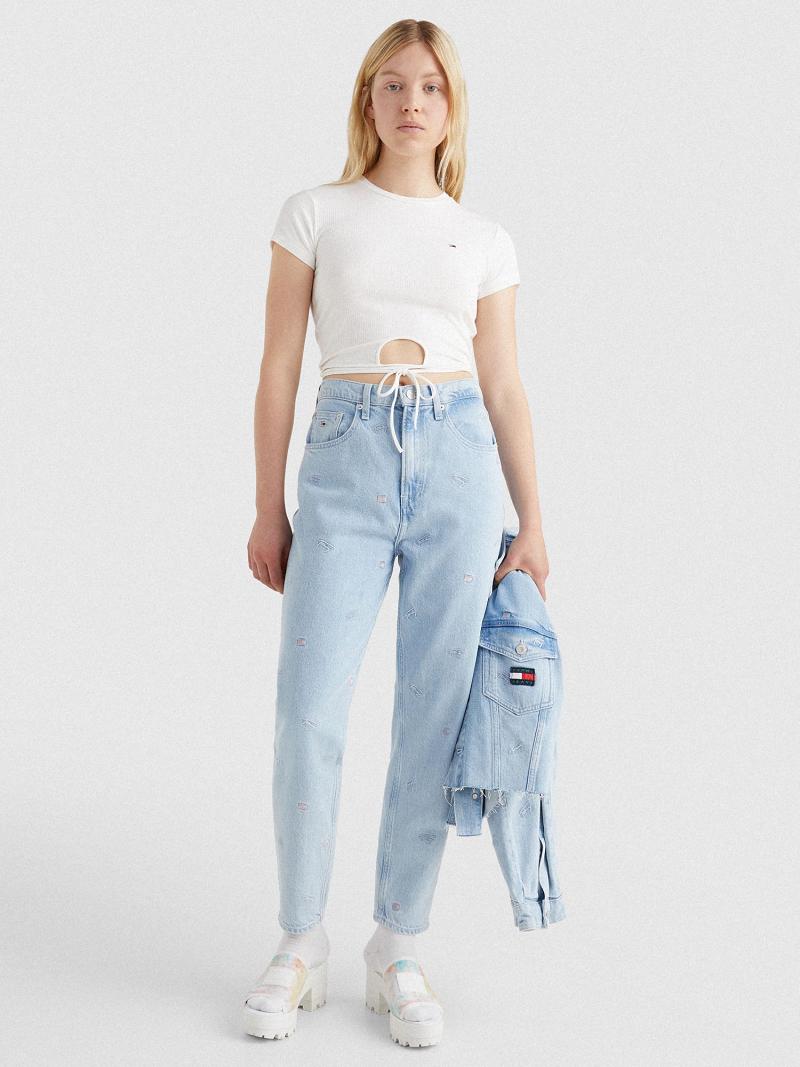 Női Tommy Hilfiger Ribbed Tie-Hem Crop Felsők Fehér | HU 505WNB